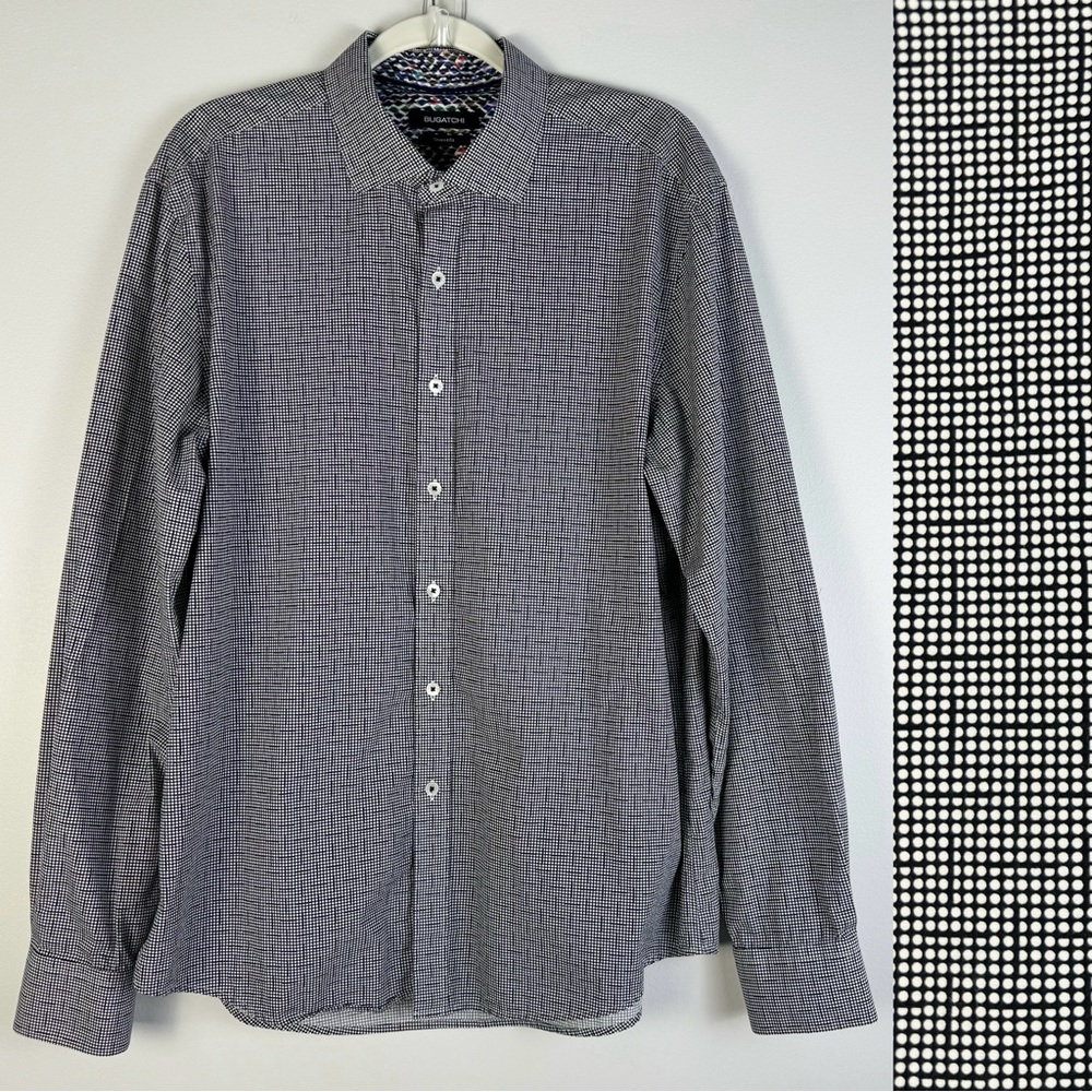 Bugatchi Long Sleeve Contrast Cuff Button Front Down Up Shirt XL Black White Dot